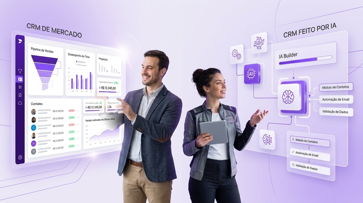 Imagem de topo para o artigo sobre CRM de mercado x CRM feito por IA